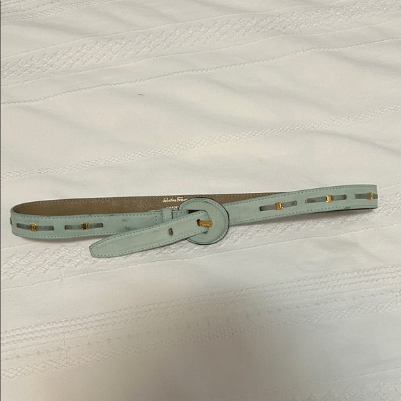 Salvatore Ferragamo Accessories - Vintage Salvatore Ferragamo Mint Green Belt with Gold Accents Suede Leather